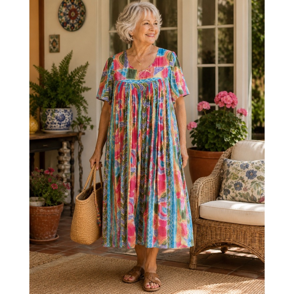 Sita Nepal Cotton Maxi Dress Small Multi Color Abstract Geometric Boho Crinkle